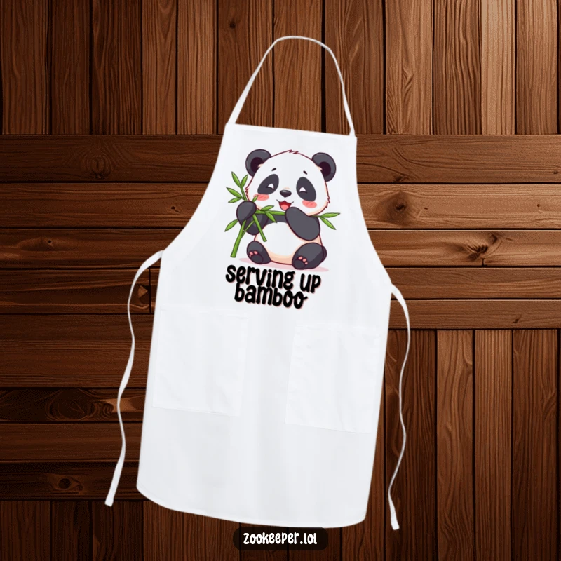 Funny apron showcasing a contented panda happily munching bamboo offered by a keeper, bringing a peaceful and humorous touch to cooking.