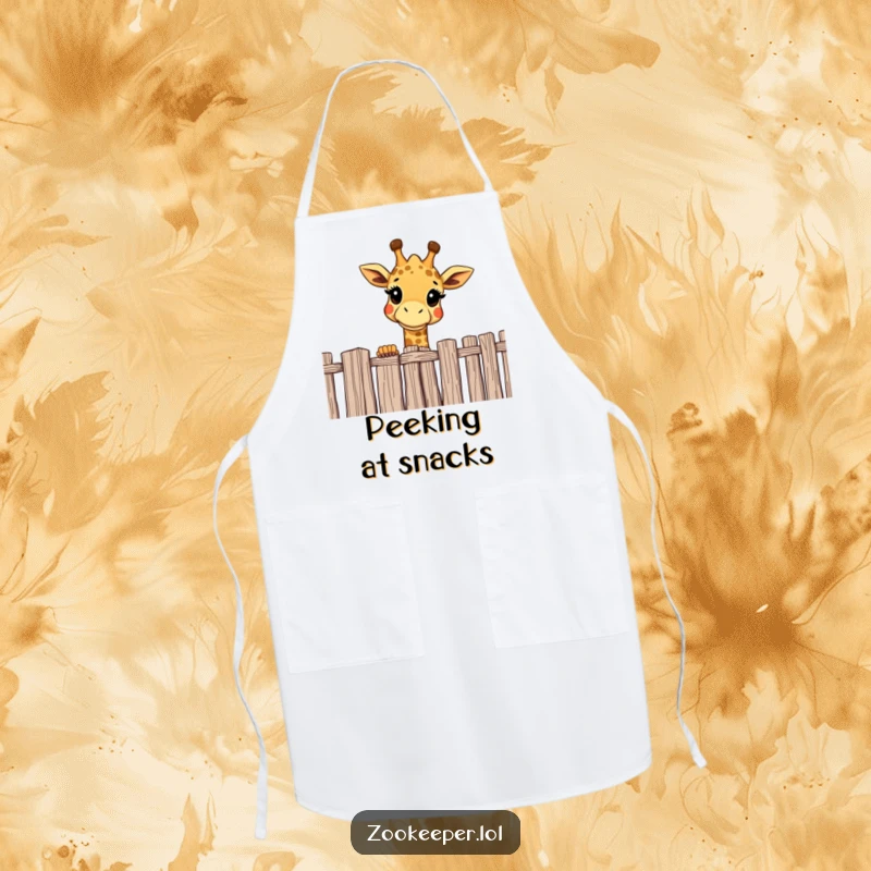 Funny giraffe apron showing a cheerful giraffe curiously peering over a high fence, a humorous and practical kitchen accessory.