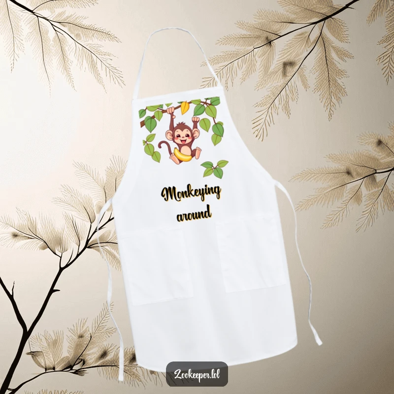 Funny monkey apron showing a mischievous monkey swinging from a vine, holding a banana, a humorous and practical kitchen accessory.