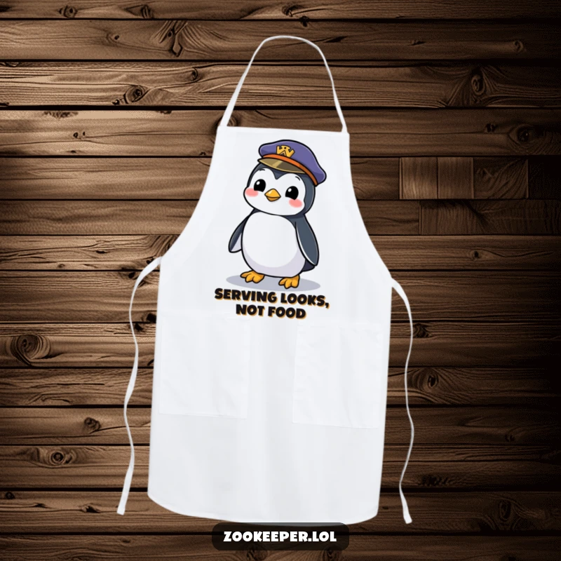 Funny apron showcasing a mischievous penguin waddling with a zookeeper's forgotten hat, bringing playful antics to the kitchen.