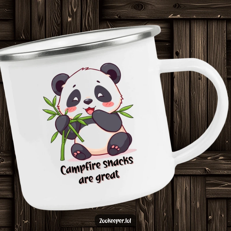 Funny camping mug with a contented panda happily munching bamboo offered by a keeper, ready for relaxing outdoor moments.