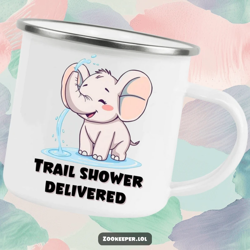 Funny elephant camping mug showing a happy elephant playfully spraying water from its trunk, ready for outdoor fun.