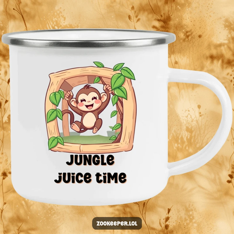 Funny Monkey Camping Mug: A happy monkey swings from a vine, perfect for outdoor adventures and campfire tales.