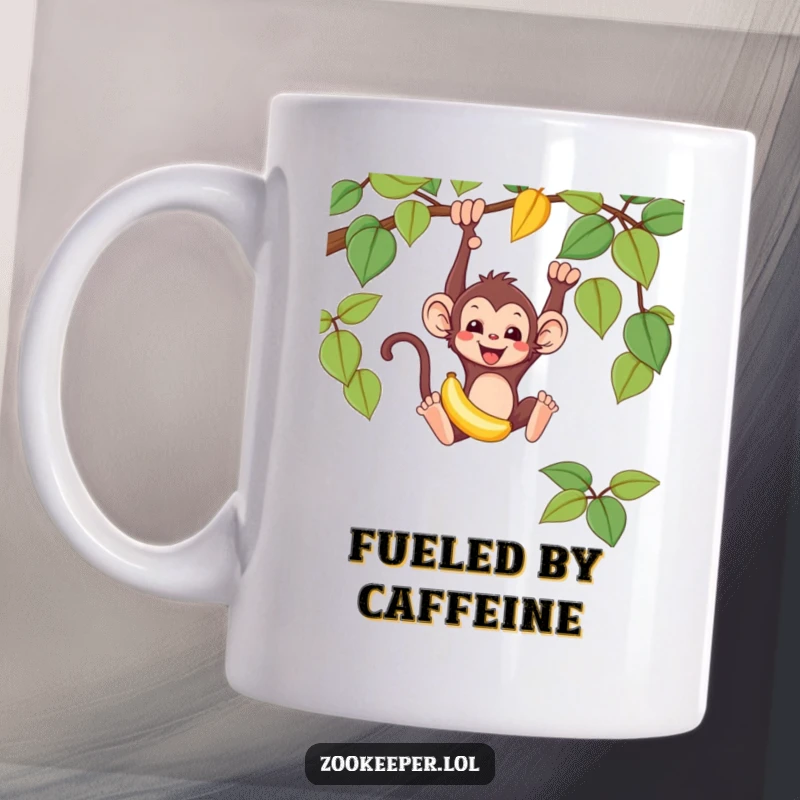 Funny monkey mug showing a mischievous monkey swinging from a vine while holding a banana, a playful and energetic scene.