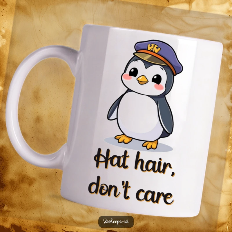 Funny mug featuring a mischievous penguin waddling with a zookeeper's forgotten hat, showcasing playful theft and zoo antics.