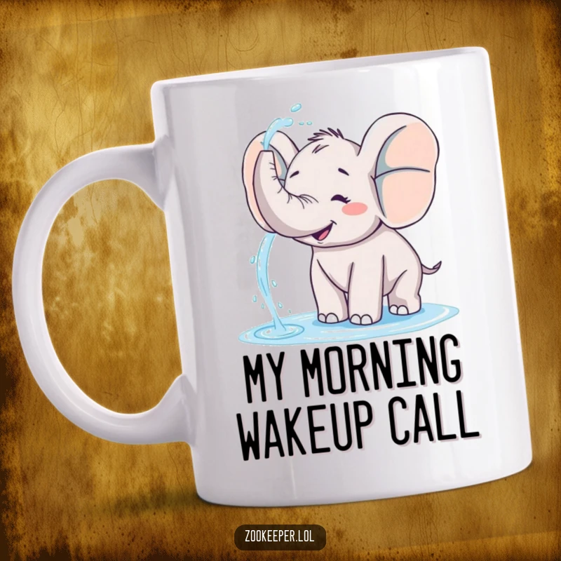 Funny elephant mug with a joyful elephant spraying water from its trunk, making a playful splash at an unseen visitor.