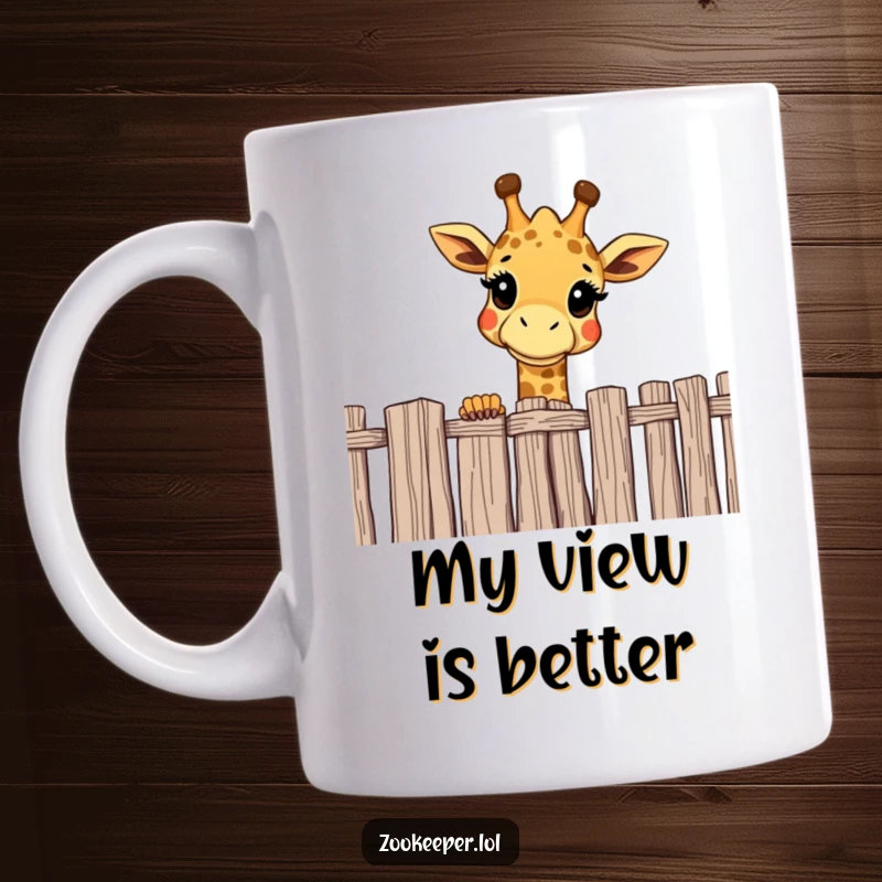 Funny giraffe mug showing a cheerful giraffe peering curiously over a high fence, a playful and inquisitive scene.