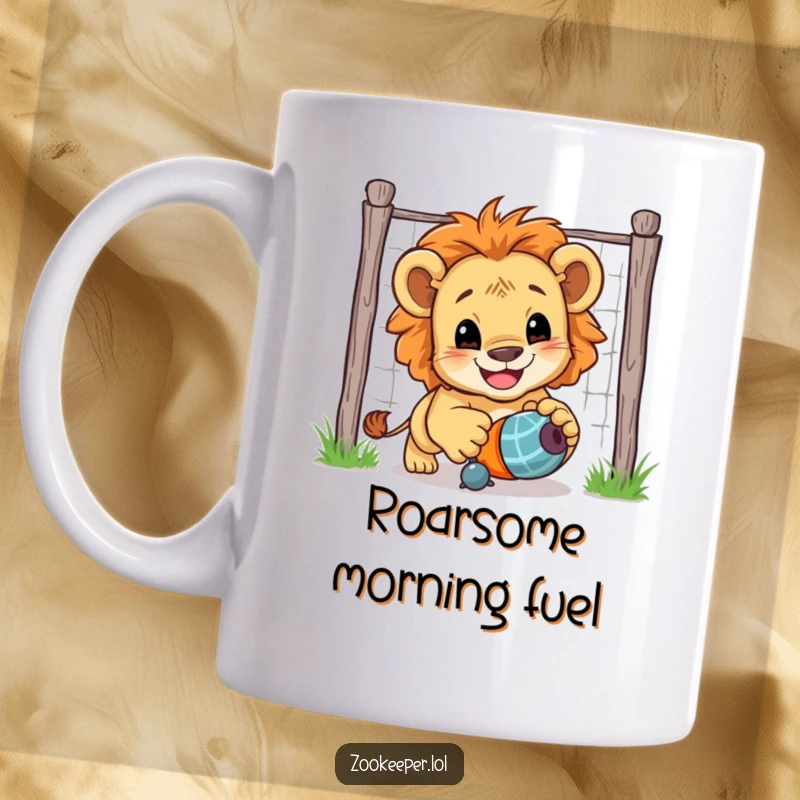 Funny Lion Cub Mug: A smiling lion cub joyfully chases a toy toy through its enclosure, embodying playful energy.
