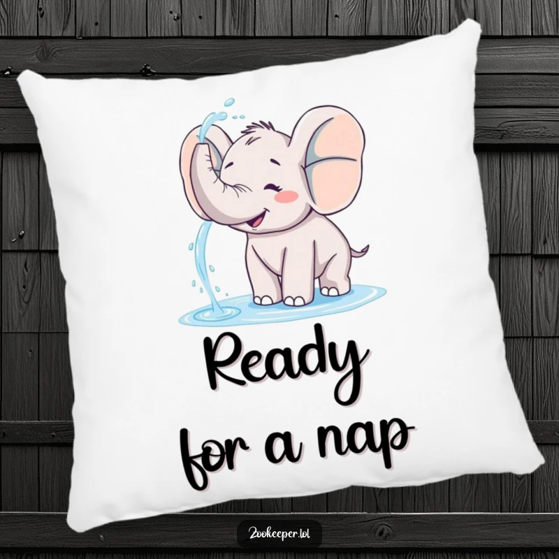 Funny elephant pillow with a happy elephant joyfully spraying water from its trunk, a cozy, wet, and whimsical accent.