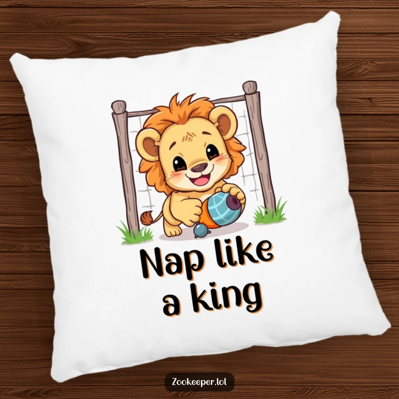 Funny Lion Cub Pillow: A smiling lion cub happily chases a toy toy, providing a cute and humorous decorative accent.