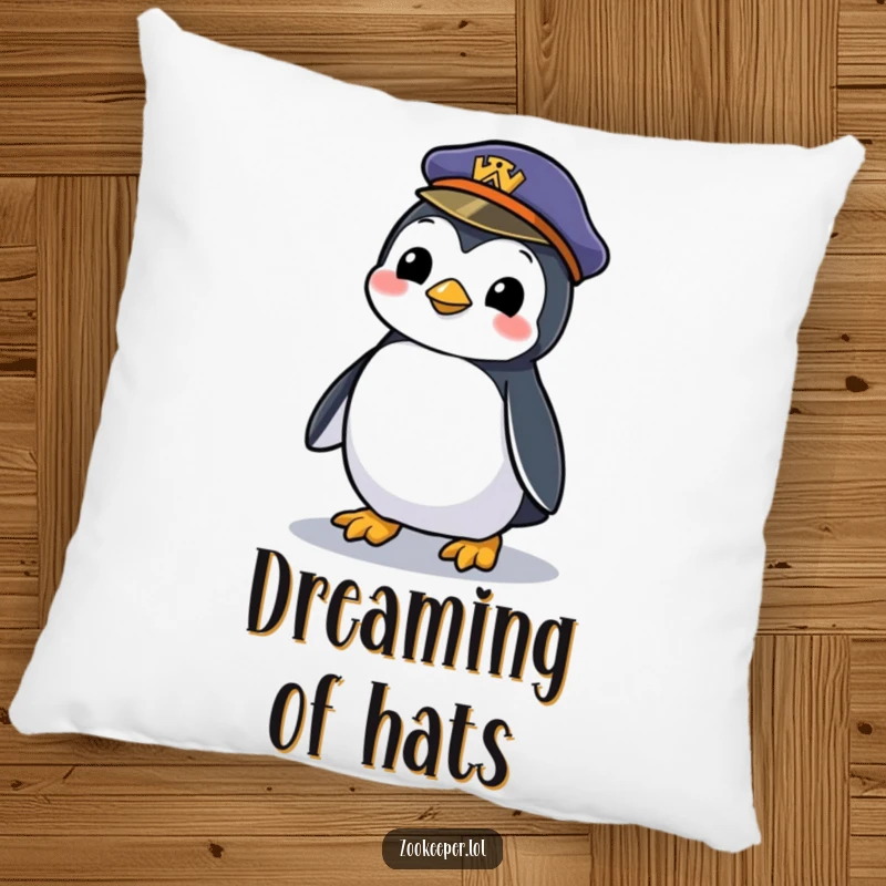 Funny pillow with a mischievous penguin waddling with a zookeeper's forgotten hat, offering comfort and a playful, humorous scene.