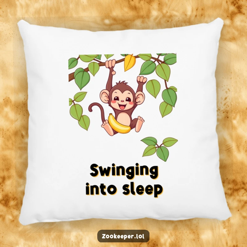 Funny monkey pillow with a mischievous monkey swinging from a vine, holding a banana, a soft and amusing decorative piece.