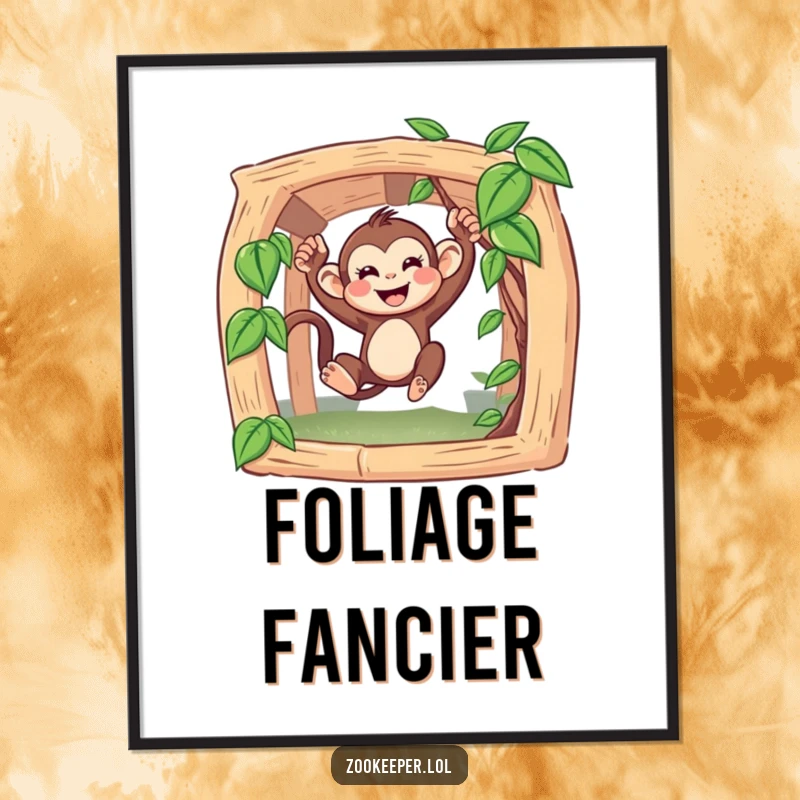 Funny Monkey Digital Art Print: A happy monkey swings dynamically from a vine, a perfect piece of humorous wall decor.