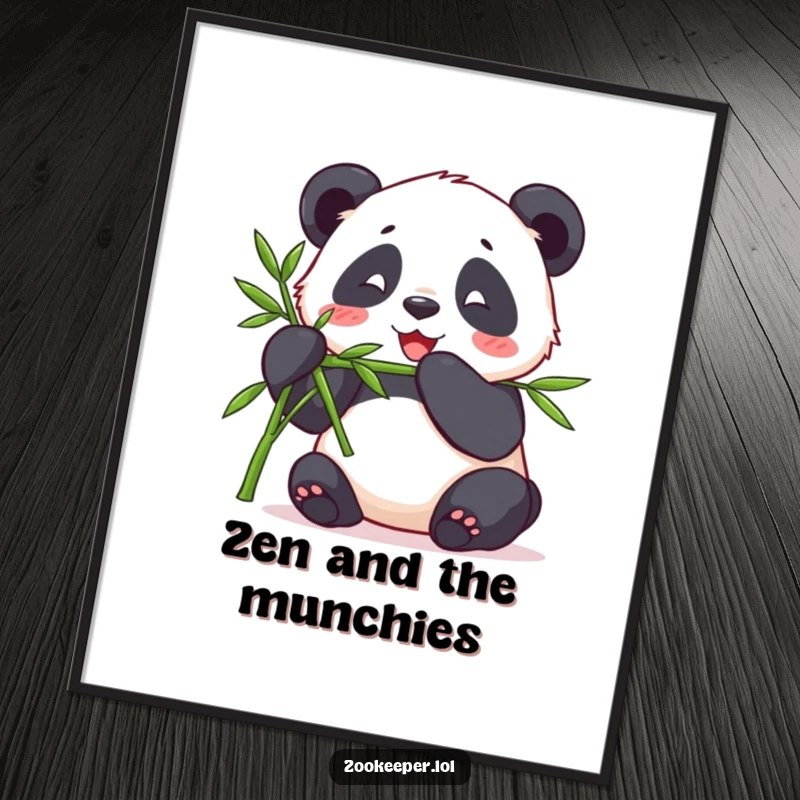 Funny digital art print of a contented panda happily munching bamboo offered by a keeper, bringing a peaceful, humorous, and adorable atmosphere.