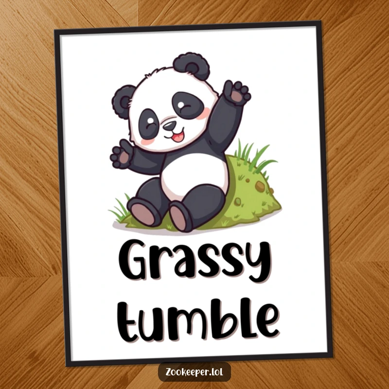 Funny Panda Tumble Digital Art Print: A playful panda tumbles down a grassy hill with abandon, a perfect piece of humorous wall art.
