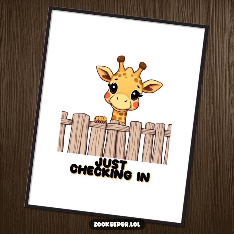 Funny giraffe digital art print of a cheerful giraffe curiously peering over a high fence, a delightful and engaging image.