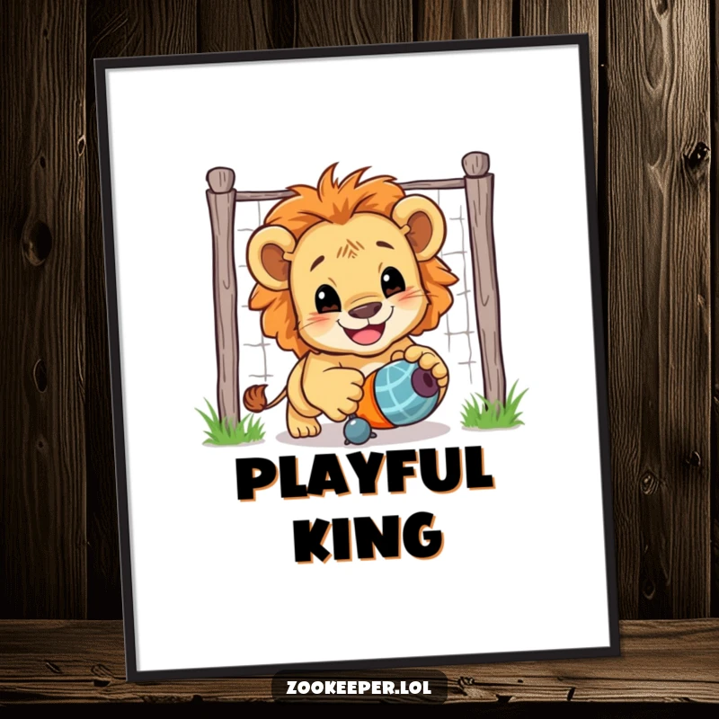 Funny Lion Cub Digital Art Print: A smiling lion cub chases a toy toy with playful abandon, a perfect piece of humorous wall art.