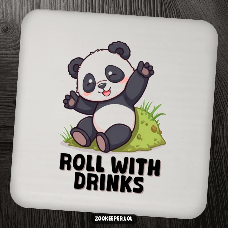 Funny Panda Tumble Coaster: A playful panda tumbles down a grassy hill, offering a protective and humorous touch to your surfaces.