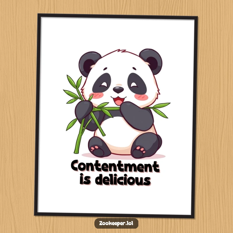Funny poster art of a contented panda happily munching bamboo offered by a keeper, adding a peaceful and humorous vibe to decor.