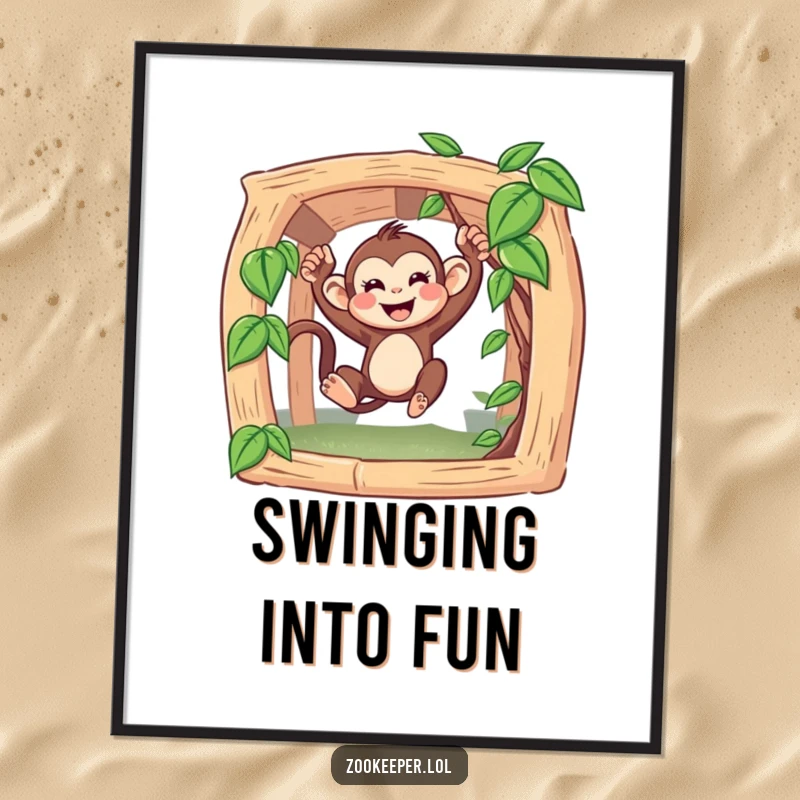 Funny Monkey Poster: A delighted monkey energetically swings from a vine, capturing a moment of pure, unbridled joy.