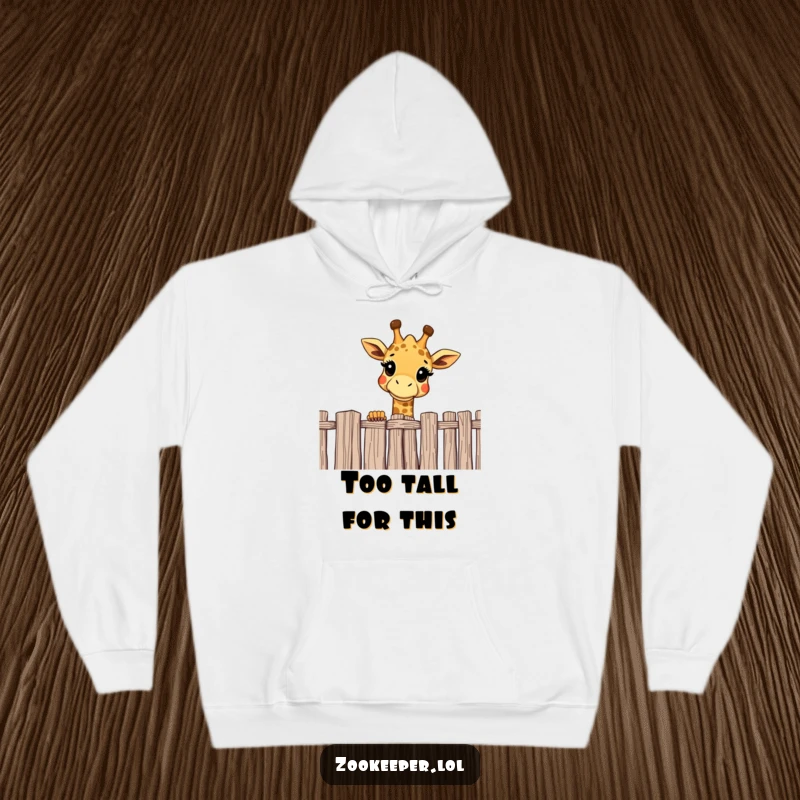 Funny giraffe hoodie with a cheerful giraffe curiously looking over a high fence, a warm and amusing apparel choice.