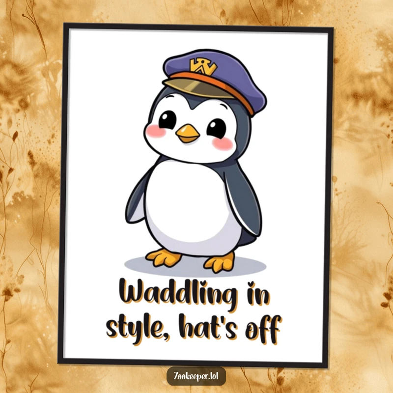 Funny Free Printable Wall Art of a mischievous penguin waddling away with a zookeeper's forgotten hat.