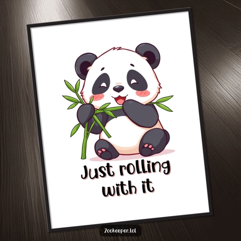 Funny Free Printable Wall Art of a contented panda happily munching on bamboo from a keeper.