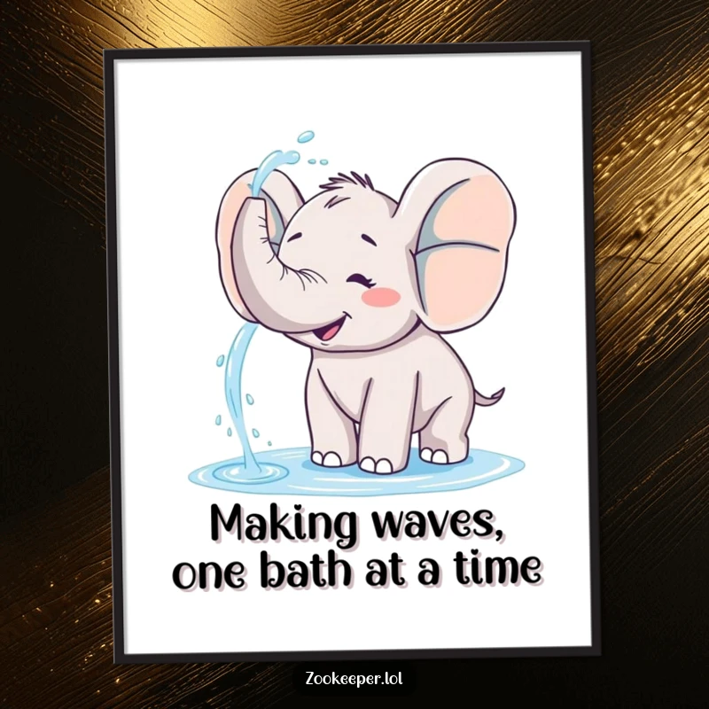 Funny Free Printable Wall Art: Happy elephant playfully spraying water, a hilarious downloadable decor piece.