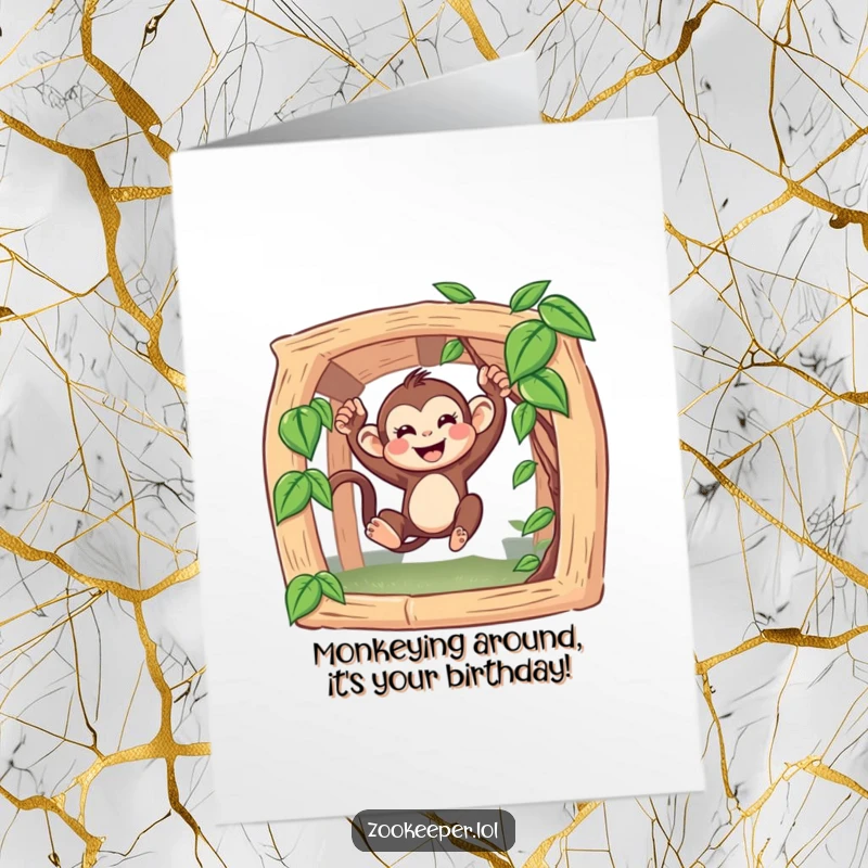 Funny free printable birthday card: A happy monkey joyfully swings from a vine, ready to deliver birthday wishes with playful energy.