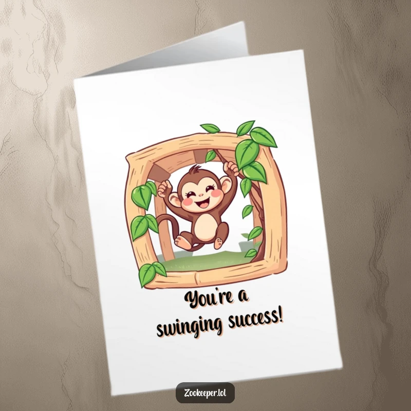 Funny free printable congratulations card: A happy monkey swings wildly from a vine, celebrating good news with infectious primate enthusiasm.