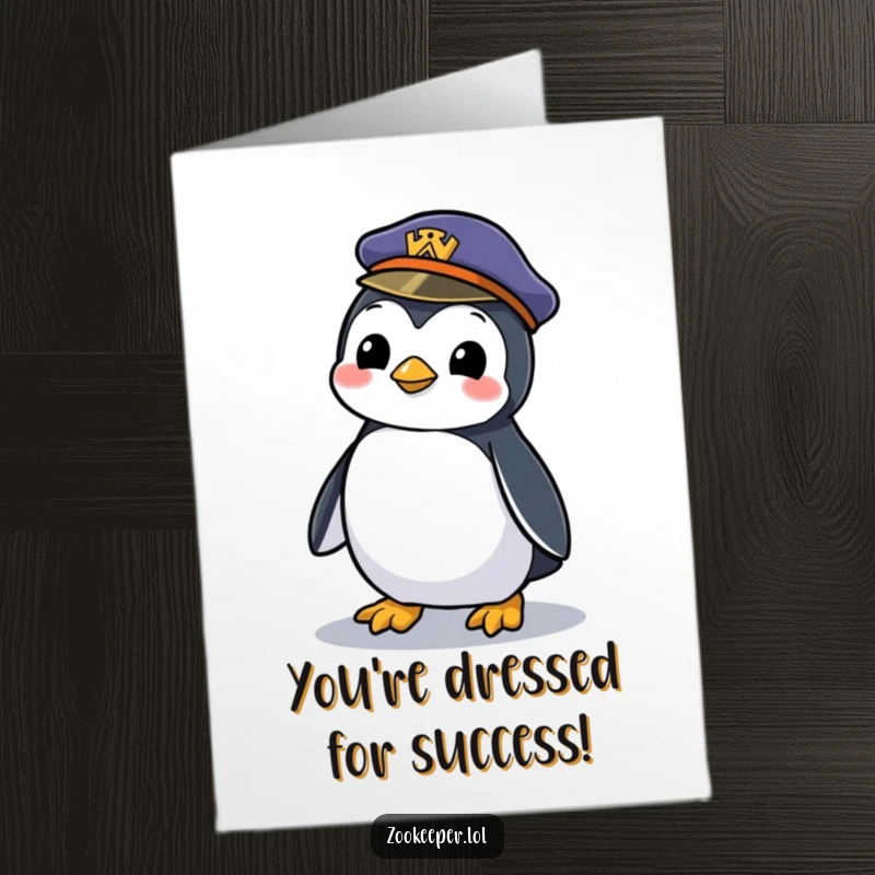Funny Free Printable Congratulations Card: A mischievous penguin proudly waddles with a zookeeper's hat.