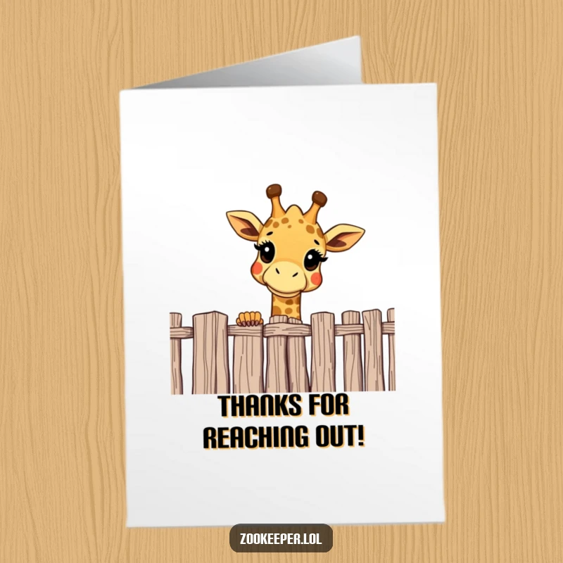 Funny Free Printable Thank You Card: Cheerful giraffe peering over a fence, a thankful downloadable gift.
