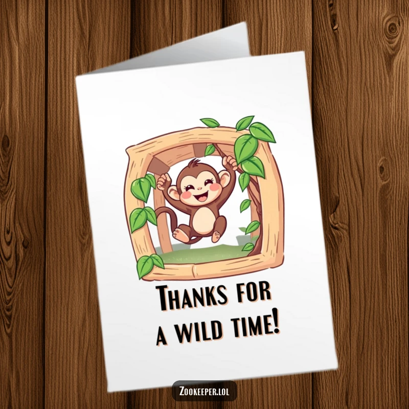 Funny free printable thank you card: A happy monkey on a vine expresses gratitude with a playful, appreciative grin and swinging motion.