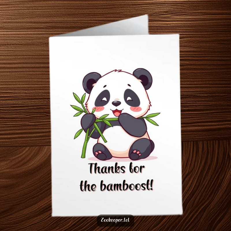Funny Free Printable Thank You Card: A happy panda savoring bamboo offered by a keeper.