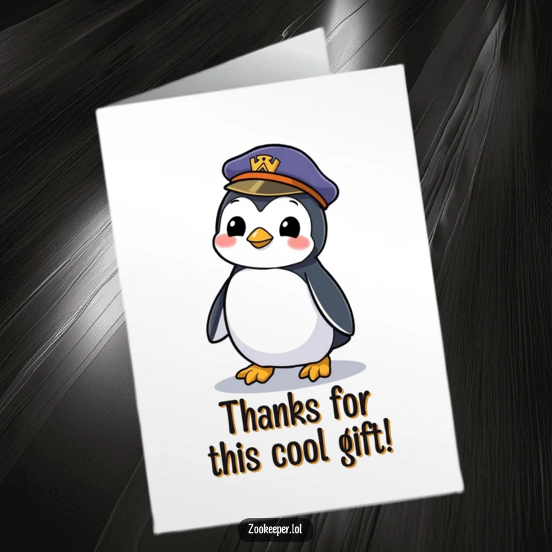 Funny Free Printable Thank You Card: A playful penguin waddles away with a zookeeper's hat.