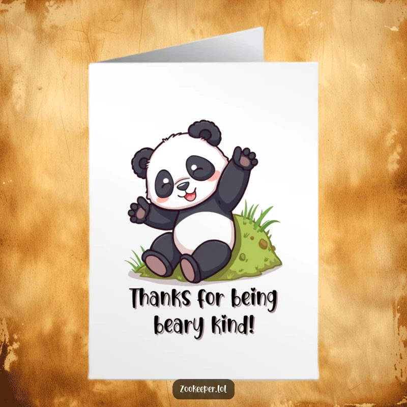 Funny free printable thank you card: A playful panda tumbles down a hill, offering thanks with a dose of adorable, clumsy charm.