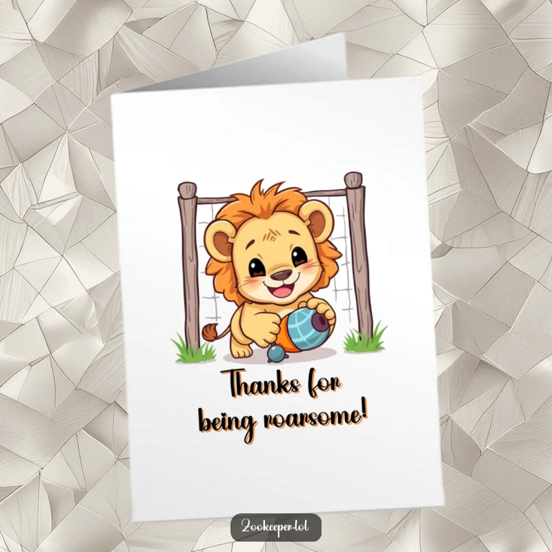 Funny free printable thank you card: A smiling lion cub chases a toy, conveying thanks with playful energy and adorable determination.
