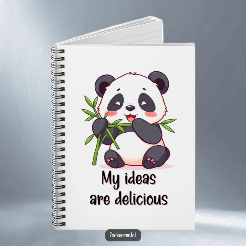 Funny notebook cover featuring a contented panda happily munching bamboo offered by a keeper, perfect for capturing notes with a peaceful charm.