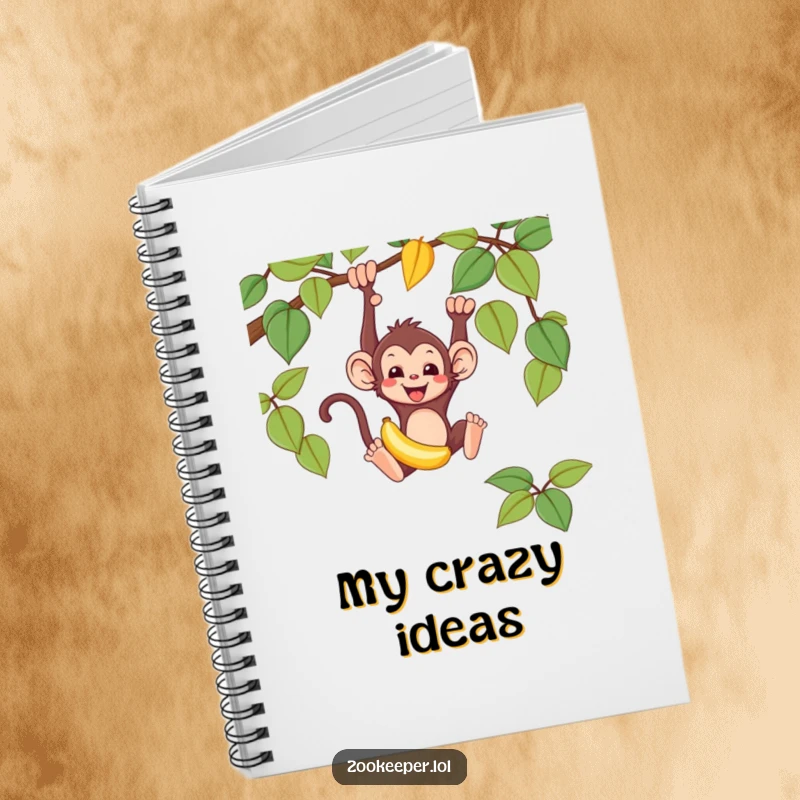 Funny monkey notebook cover with a mischievous monkey swinging from a vine, holding a banana, a playful start for any writing.