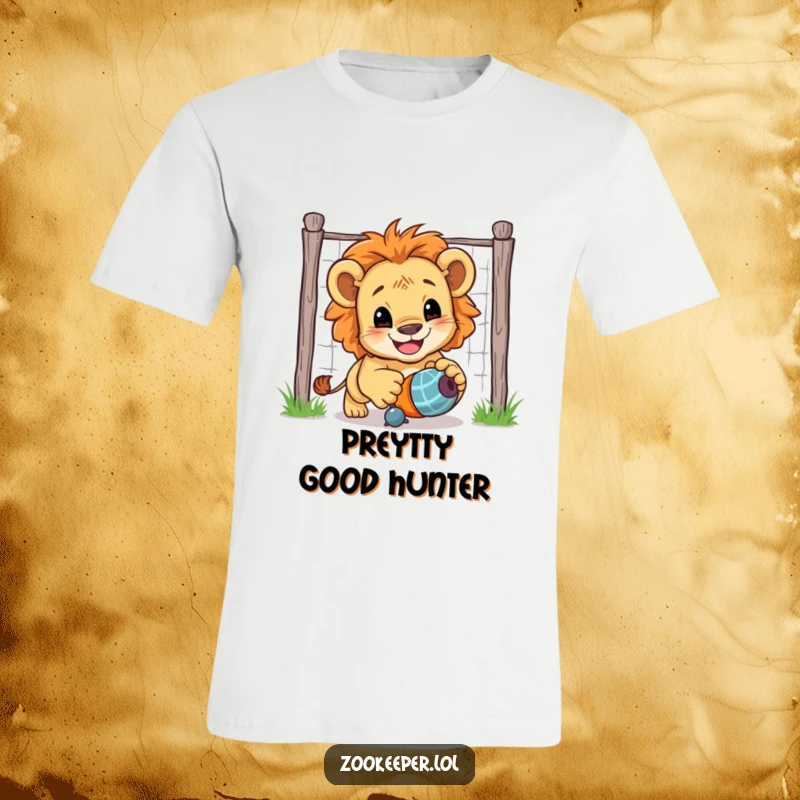 Funny Lion Cub T-Shirt: A smiling lion cub energetically chases a toy toy, radiating pure playful delight.