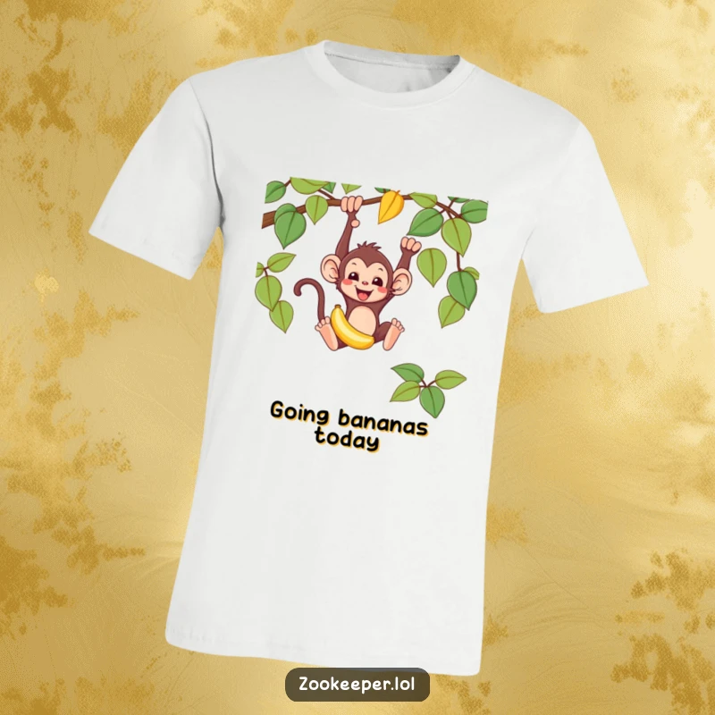 Funny monkey t-shirt depicting a mischievous monkey swinging from a vine, holding a banana, full of playful energy.