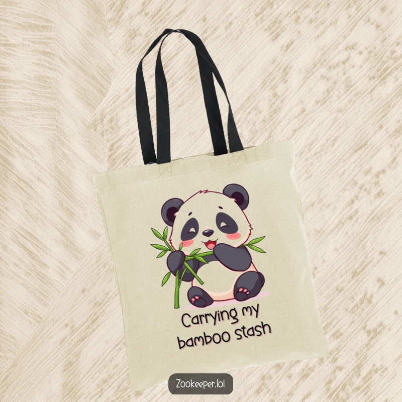 Funny tote bag featuring a contented panda happily munching bamboo from a keeper, perfect for carrying essentials with a cute, zoo flair.