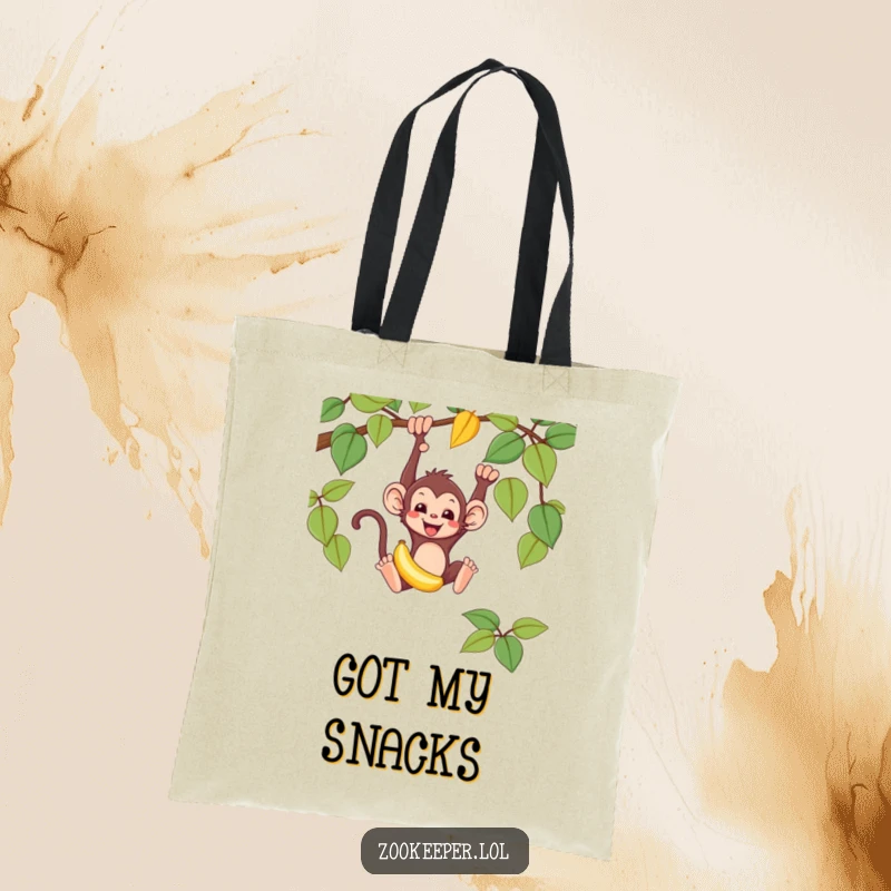 Funny monkey tote bag showing a mischievous monkey swinging from a vine, holding a banana, a stylish and humorous carry-all.