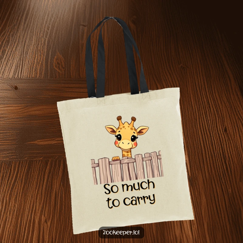 Funny giraffe tote bag showing a cheerful giraffe curiously peering over a high fence, a stylish and humorous carry-all.